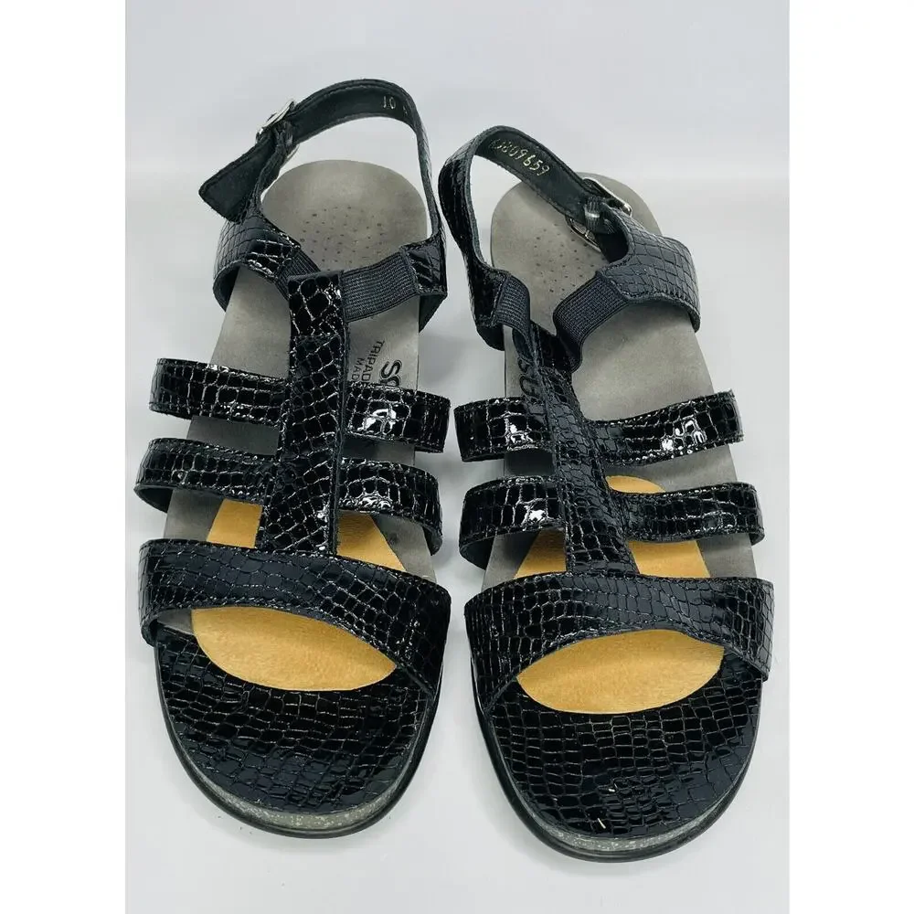 SAS Tripad Allegro Black Patent Leather Croc Snake‎ Print Heel Sandals Sz 10 N